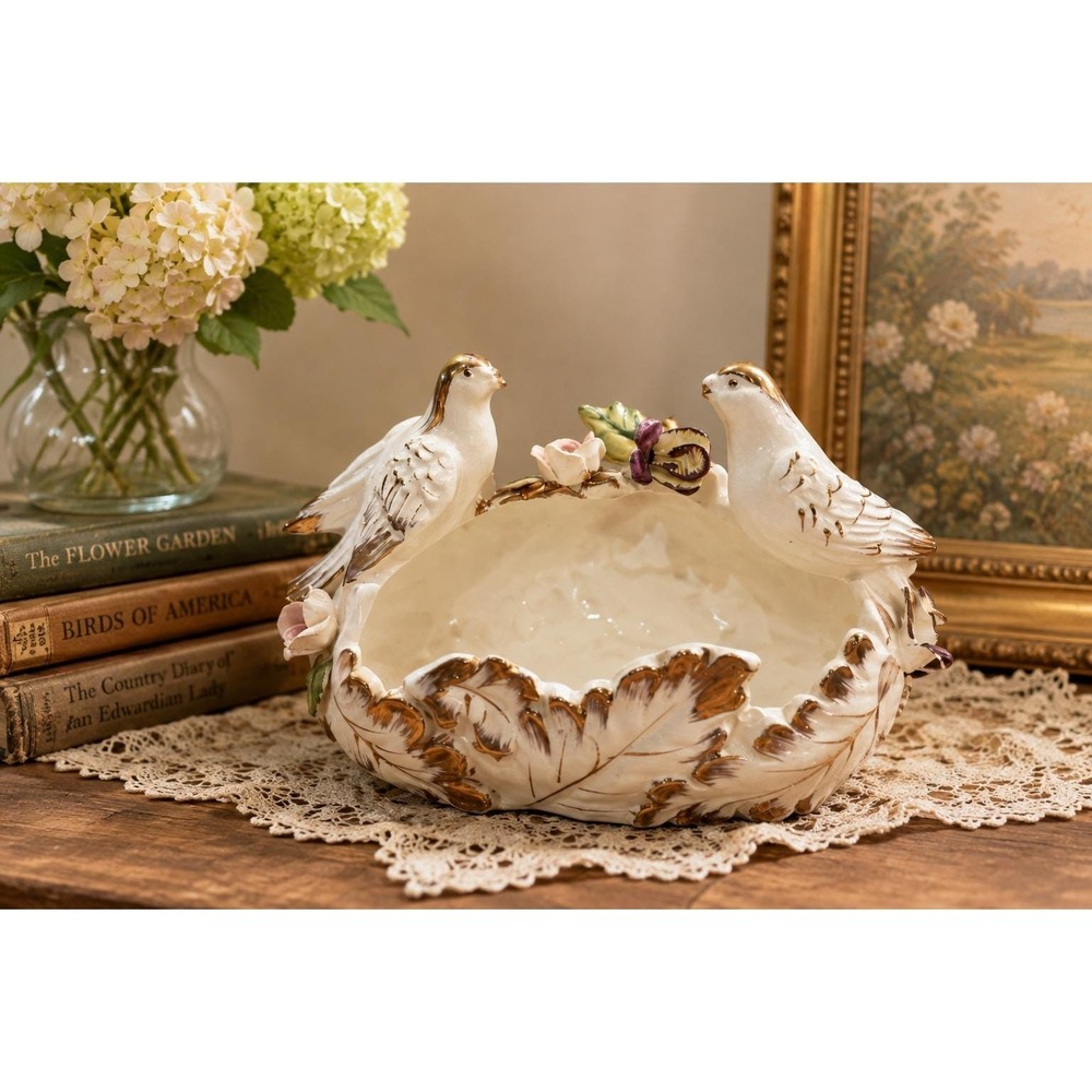 Antique French Vieux Paris Porcelain Bird Centerpiece Bowl Oak Leaf Gold Gilt